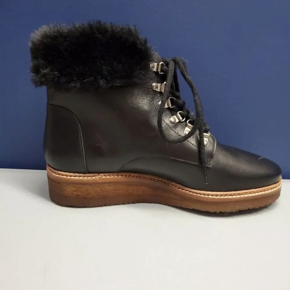 Botkier Winter Boots Women Size 7.5 Black Leather Faux Fur Trim Gum Sole Lace Up